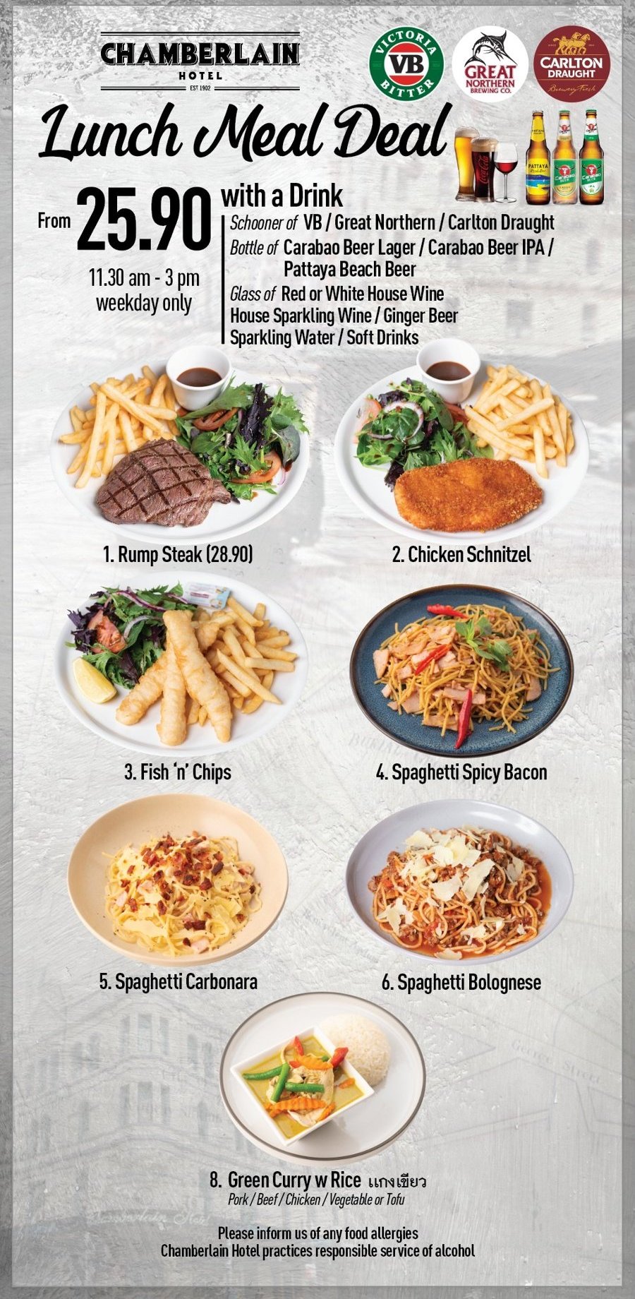 Lunch Meal Deal from $25.90 with a drink — pub classics: rump steak, chicken schnitzel, fish 'n' chips, spaghetti, green curry. Weekdays 11.30am–3pm